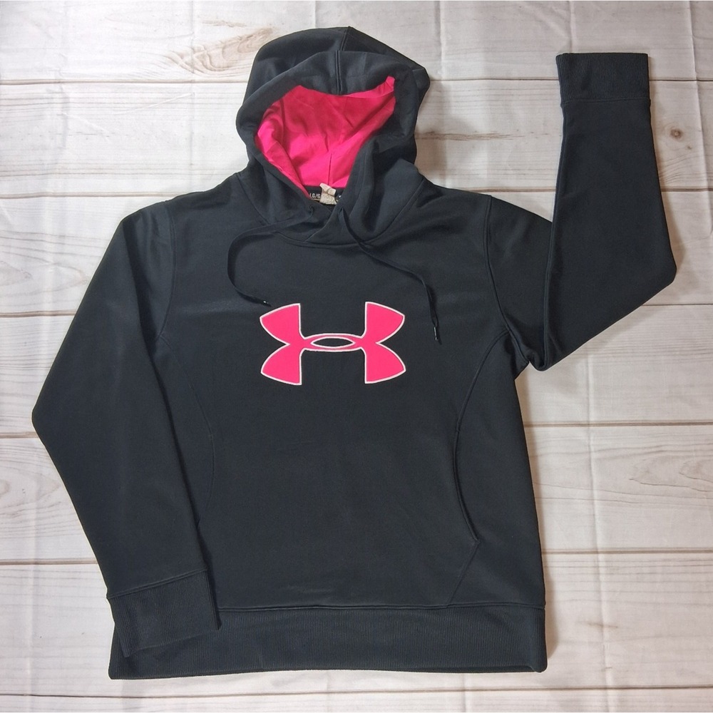 Under Armour Women's Big Logo Hoodie Size Large Black Pink Semi-Fitted Pullover